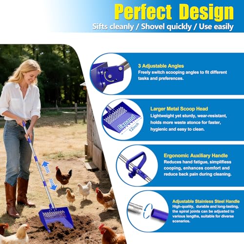 12-Inch 2-in-1 Chicken Poop Scooper & Rake, Chicken Coop Scoop with Adjustable Stainless Steel Handle （24–64"）, 3 Angles & 2 Sifting Holes, Litter Scoop Sand Sifting Shovel Pooper Scooper (Blue) - color: Blue