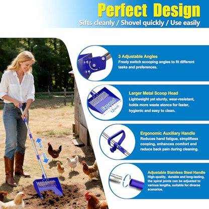 12-Inch 2-in-1 Chicken Poop Scooper & Rake, Chicken Coop Scoop with Adjustable Stainless Steel Handle （24–64"）, 3 Angles & 2 Sifting Holes, Litter Scoop Sand Sifting Shovel Pooper Scooper (Blue) - color: Blue