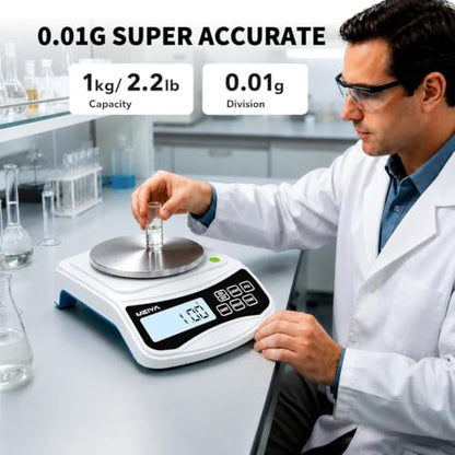 MEIYA Digital Lab Scale, 1000g by 0.01g Gram Scale Accuracy, Multi-Function High Precision Electronic Scale (Includes 100g Weight and 2 x AAA Batteries) Balance Scale Approved by EU CE and US FCC