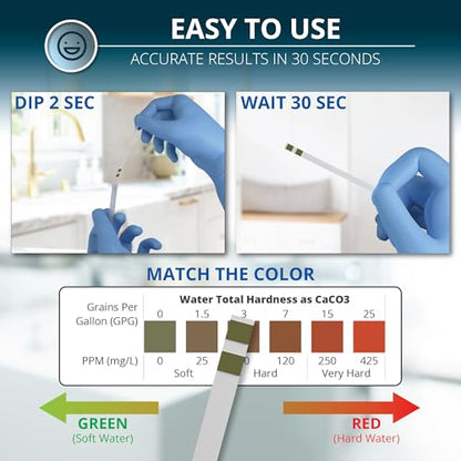 Water Hardness Test Kit - DoubleCheck 50 Strips - Hard Water Testing Kit – Tests Calcium & Magnesium (0–425 PPM) – for Tap, Well, Drinking, Pool, Spa & Dishwasher
