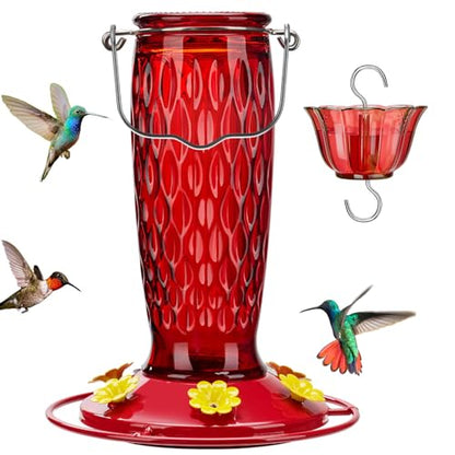 Kingsyard Glass Hummingbird Feeder for Outdoors with Ant Moat | 24 oz, Wide-Mouth Opening, 6 Metal Feeding Ports, Bee Guard, Easy to Clean & Refill Nectar, 360 Degree Perch, Red - color: Red