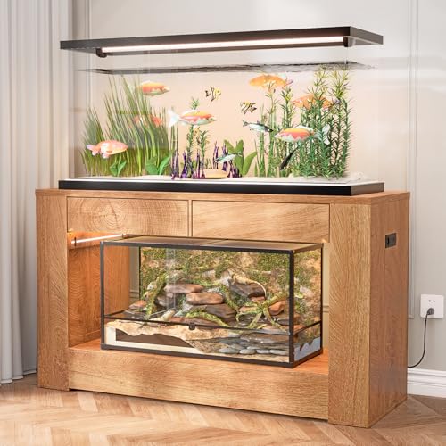 48" Aquarium Stand for 55–75/90 Gallon Tank,Heavy Duty Fish Tank Stand up to 1000 LBS,Aquarium Stand with Power Outlet & LED Light,2-Tier Turtle Reptile Tank Stand with Storage,Natural