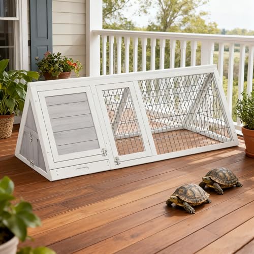Tortoise Habitat Playpen Large Turtle Enclosure House Indoor Outdoor | Wooden Triangle Reptile Lounge, Ventilating Wire Fence, Fits Small Animals - color: White1