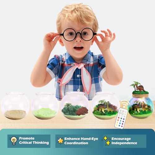 Dinosaur Light-Up Terrarium Kit for Kids- Birthday Gifts for Boys Ages 4 5 6 7 8-12 Year Old- Dinosaur Toys for Boys with Multicolor LED Light & Remote - style: Dinosaur