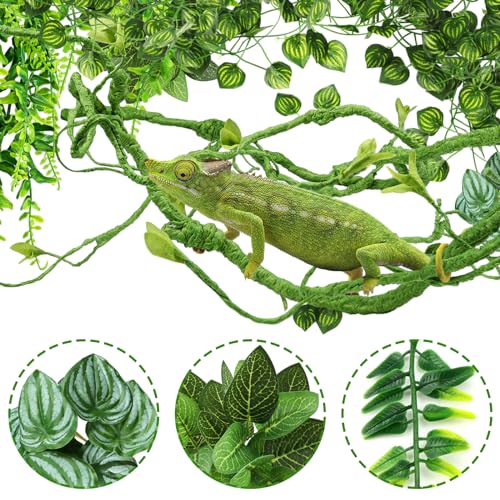 QUOZUO Bearded Dragon Tank Accessories for Habitat, Terrarium Hanging Plants Artificial Leaves Reptile Hide, Leopard Gecko Tank Accessories Hide Terrarium Decor for Lizard Geckos Chameleon Snake
