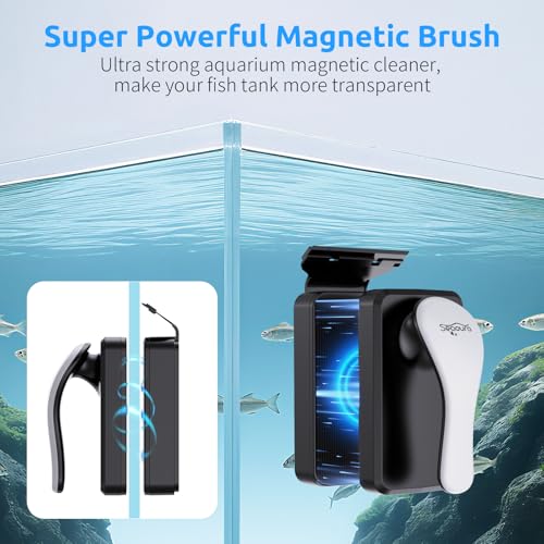 SEAOURA Floating Magnetic Aquarium Cleaner Dual Sided Anti Scratch Algae Scraper for Fresh Salt Water Fish Tanks | Floating Inner Magnet Design Dual Sided Algae Removal Pad Anti Scratch Glass Safe Material Strong Adsorption Magnetic Brush - size: L For 3/