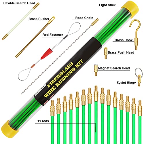 21 Feet Fiberglass Fish Tape Cable Rods, Electrical Wire Running Pull/Push Kit with Hook and Hole Kit Glow Rod, Hook Hole, Green - size: 21FT