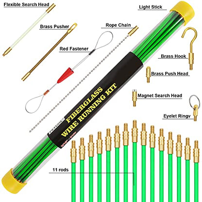 21 Feet Fiberglass Fish Tape Cable Rods, Electrical Wire Running Pull/Push Kit with Hook and Hole Kit Glow Rod, Hook Hole, Green - size: 21FT