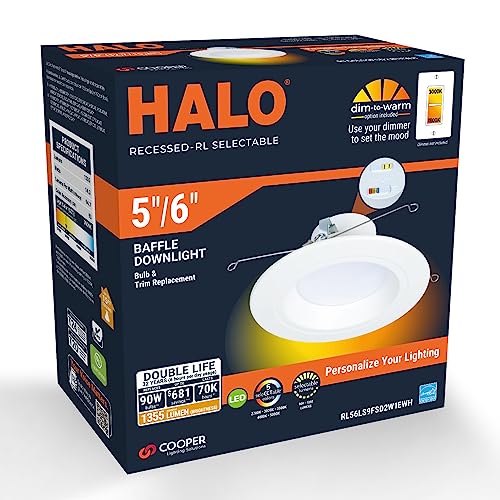 HALO RL 5/6 inch LED recessed Can Light Trim, 5CCT, dimmable, 900/1200 lm | recessed baffle retrofit can light trim, low glare, wet-rated for showers and outdoor use, Dims to 5% + dim to warm - size: 5/6 inch, style: 900/1200 Selectable Lumens