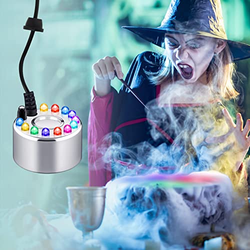 Maitys 2 Pcs Mist Maker Fogger Small Ultrasonic Fog Machine Fountain Halloween Cauldron Mister Fogger Water Garden Pond Foggers Air Humidifier with 12 LED Light Flashes for Party(Light, Alloy)