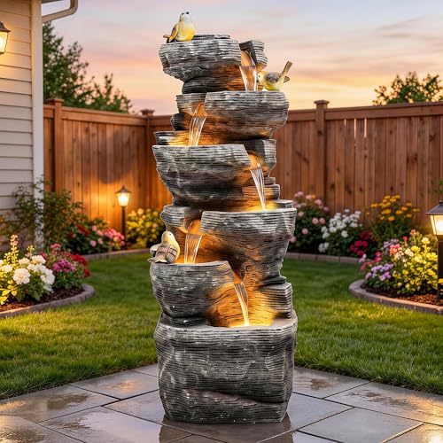 39.4" 6-Tier Cascading Rock Outdoor Fountain LED Bird Waterfall | hand-carved stone with birds, garden patio porch backyard - color: 39.4"h Gray