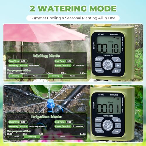 HOMENOTE Misting Cooling System with Timer, 26FT Misting Hose | 7 Brass Nozzles, 3/4" Brass Adapter, Water Timer with Mist Mode & Irrigation Mode, For Patio Cooling and Garden Watering - size: 26FT / 8M
