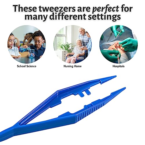 Vakly Disposable Plastic Forceps Tweezers Blue (10 Pack) – Serrated Tip Pickup Tweezers with Finger Ridges & Narrow Points for First Aid, Medical, Lab, Crafts & School Science