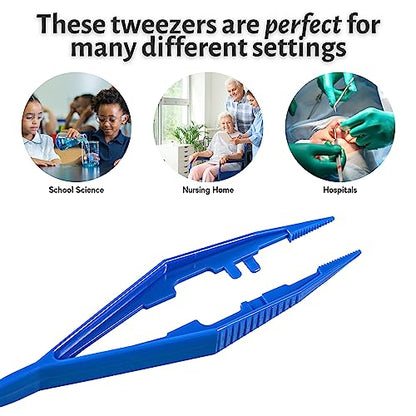 Vakly Disposable Plastic Forceps Tweezers Blue (10 Pack) – Serrated Tip Pickup Tweezers with Finger Ridges & Narrow Points for First Aid, Medical, Lab, Crafts & School Science