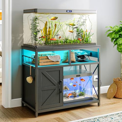 HOOBRO 40-50 Gallon Fish Tank Stand with Power Outlet and LED Light, Metal Frame Aquarium Stand with Cabinet Storage, for Reptile Turtle Tank, 440 LBS Capacity, 36.6'' L x 18.9'' W, Black BB93UDFT01