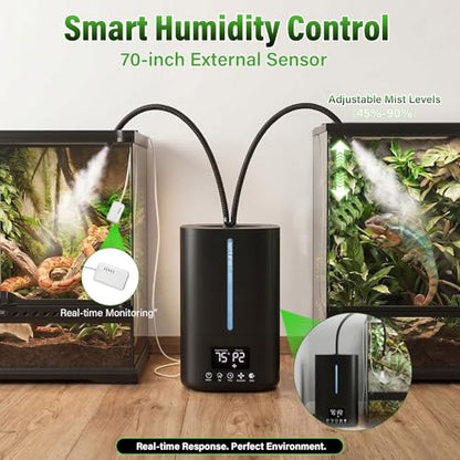 Automatic Reptile Fogger Humidifier with Smart Humidity Control, 5L Large Tank, 70" External Sensor Probe, Dual Hose Terrarium Humidifier for Ball Python, Chameleon, Gecko, Frog, Vivarium & Grow Tent