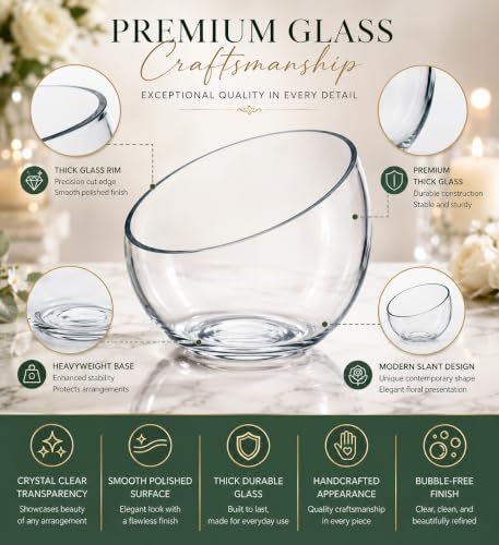Slant Cut Bowl Glass, Glass Fish Bowl Vase, 6" Height x 7" Width Fruit Jar, Candy Dish, Clear Terraium, Flower Centerpiece - size: Slant Bubble Bowl : 6" Height x 7" Width
