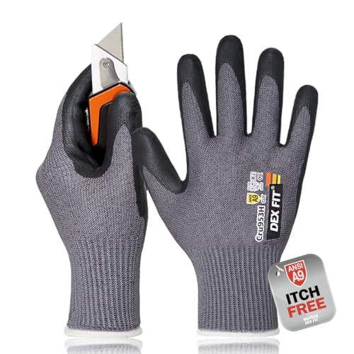 DEX FIT Cru953H Level A9 Cut Resistant Gloves, Fiberglass-Free, Power Grip Foam Nitrile, 3D Comfort Fit, Touchscreen, 13-Gauge for Sheet Metal, Stamping, Glass, Recycling; Gray M (8) 1 Pair - color: A9 Gray, size: Medium