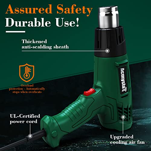 AcmyslaT Heat Gun, Heavy Duty Hot Air Gun Kit Dual Temperature Settings 572℉~932℉ (300℃-500℃), Overload Protection with 4 Nozzles for Crafts, Shrink Wrapping/Tubing, Paint Removing, Epoxy Resin | 572℉~932℉ (300℃-500℃), Overload Protection with 4 Nozzles f