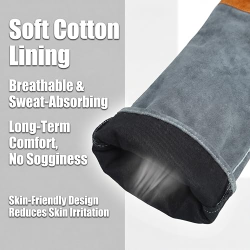 Long Leather Welding Gloves Animal Handling Scratch Bite Proof | 24 Inch Full arm coverage.Flame-retardant split leather shields against intense welding heat and animal bites. - color: Grey