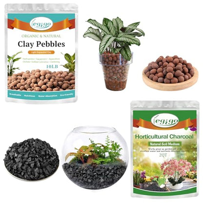 10 LB Organic Leca Clay Pebbles & 2 QT Horticultural Charcoal, Natural Soil Amendment for Drainage, Aeration, and Healthy Indoor Plants, Orchids, Hydroponics & Terrariums