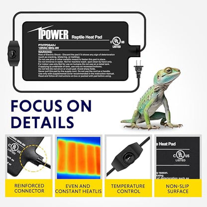 iPower 4x7 Inch Reptile Heating Pad with LCD Digital Aquarium Thermometer, Reptile Heat Mat with Adjustable Temperature Control for Reptiles - color: Black/Heat Pad with Adjust Knob+ Thermometer, size: 4" x 7"