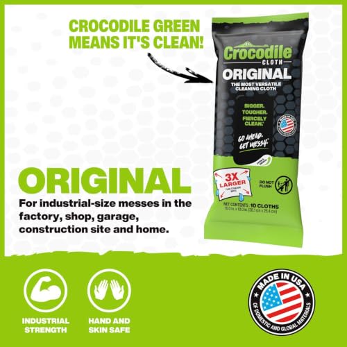 Crocodile Cloth Original Heavy-Duty Hand & Tool Wipes, 10 Count | Multi-Surface, Water-Based, Safe on Skin, 15" x 10" - size: 10 Count (Pack of 1)