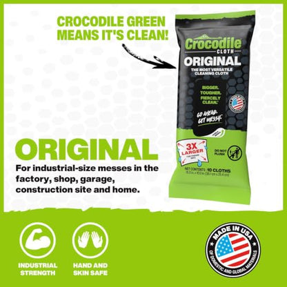 Crocodile Cloth Original Heavy-Duty Hand & Tool Wipes, 10 Count | Multi-Surface, Water-Based, Safe on Skin, 15" x 10" - size: 10 Count (Pack of 1)