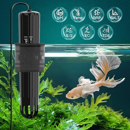 Digital Aquarium Water Tester with App Alerts | 7 Parameter Smart Aquarium Monitor for pH ORP EC TDS Salinity SG Temp, Freshwater & Saltwater Tanks - color: Glossy Black & Metal Gray