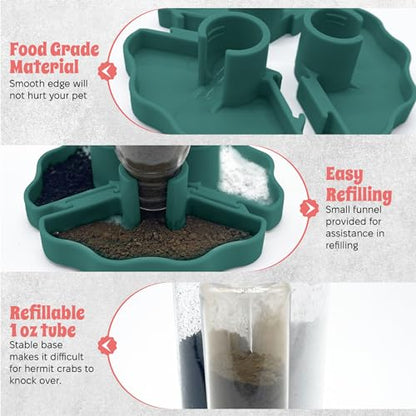 Hermit Crab Gravity Feeder - 3 Well feeders - Green for Greensand, Oyster Shell Flour and Worm castings by Snout and Shell