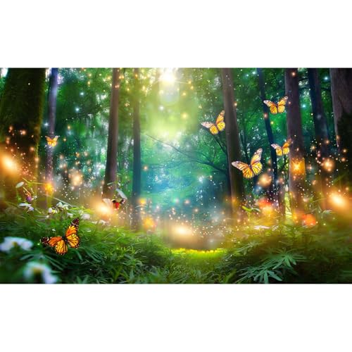 Fantasy Forest Aquarium Background Glowing Butterflies Lush Green Trees Fish Tank Background Fairy Tale Woodland Terrarium Backgrounds Tranquil Lake Green Meadow Reptile Tank Backgrounds 24x12in - color: Warm Green, size: 24(W)x12(H)in