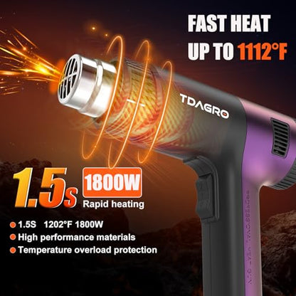 1800W Heat Gun (122℉-1202℉) with 4 Nozzles & Temp Control | Hot air tool with 2 fan speeds & built-in overload protection for safe, precise vinyl wrapping, resin DIY & shrink tubing.