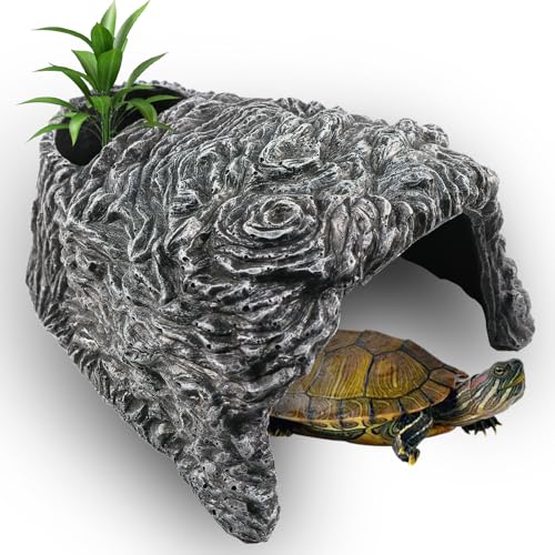 Extra Large Reptile Hide Cave, Resin Rock Habitat Decor, Basking Platform for Terrarium & Aquarium, Oversize Hideout for Bearded Dragons, Lizards, Snakes, Turtles (9.25" L x 8.07" W x 4.92" H)