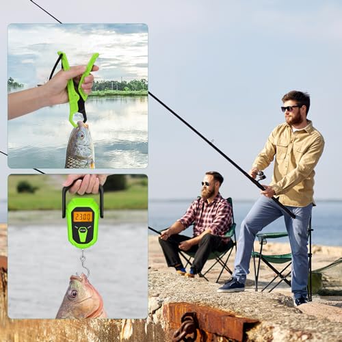 ORIA Digital Fish Scale with Lip Gripper, 110lb/50kg, Batteries Included | Waterproof, 3 Units, LCD Backlit, 38'' Built-in Tape Measure, Non-slip Ergonomic Handle, for Luggage Home Outdoor - color: Green