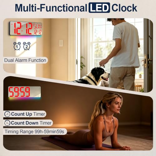 17.2-Inch Large Mirror Digital Wall Clock with Remote Control, RGB Mood Light, Extra-Large LED Display, Auto Dimming,Date, Day, Temp, Countdown Timer for Home, Gym, Office and Classroom (Red) - color: Red