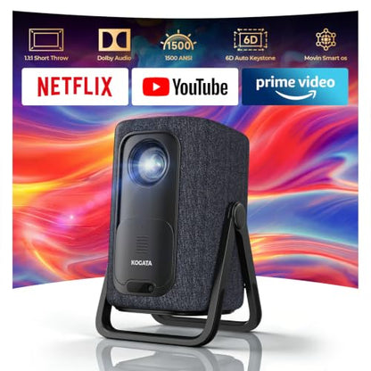 Short Throw Projector 4K Compatible with Netflix Autofocus Portable | 1500ANSI Ceiling Projector for Bedroom/Outdoor Auto focus 6D Keystone Dolby Smart Home Projector with WiFi and Bluetooth