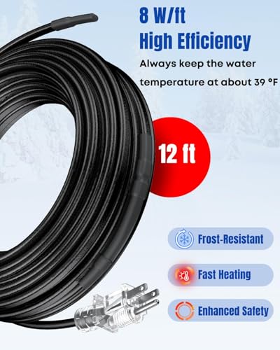 Pawfly 12 FT Heat Tape for Water Pipes, 8 W/ft 120 V Pipe Heating Tape, Self-Regulating Heat Trace for Pipe Freeze Protection, Heating Cable for Pipes Roofs, Keep Water Flowing at -40 °F - style: 12 ft