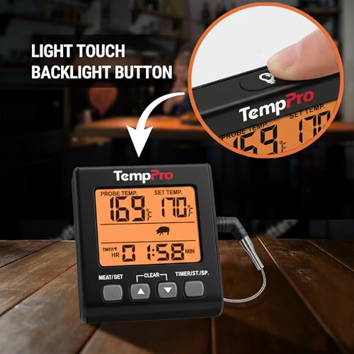 TempPro TP16SW Digital Meat Thermometer for Cooking and Grilling, BBQ Food Thermometer with Backlight and Kitchen Timer, Grill Temperature Probe Thermometer for Smoker, Barbecue, Oven, Black - color: Black,Orange