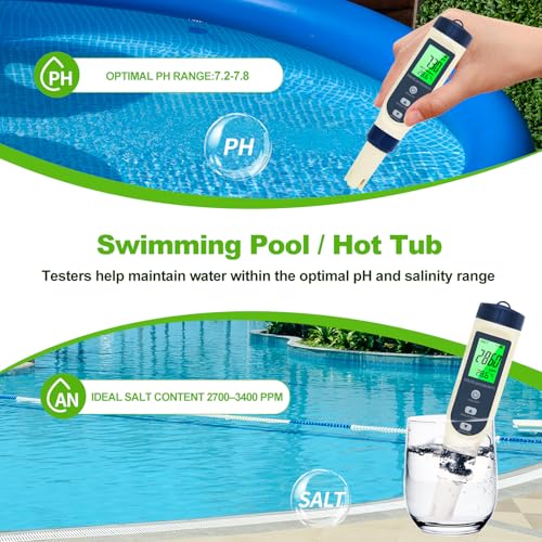 Pious PH Tester Digital, 5 in 1 PH Meter for Water/Salinity Meter/tds/ec/Thermometer, Pool Salt Tester with Constant Temperature Compensation, Suitable for Drinking Water Swimming Pools Aquariums
