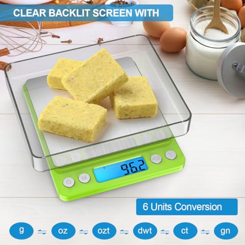 Digital Scale, 3000g, 0.01 Ounces, 0.1 Grams Accuracy Mini Kitchen Food Scale with 2 Trays, Pocket Scale for Jewelry, Coffee, LCD Display, Tare Function, Stainless Steel - color: Green