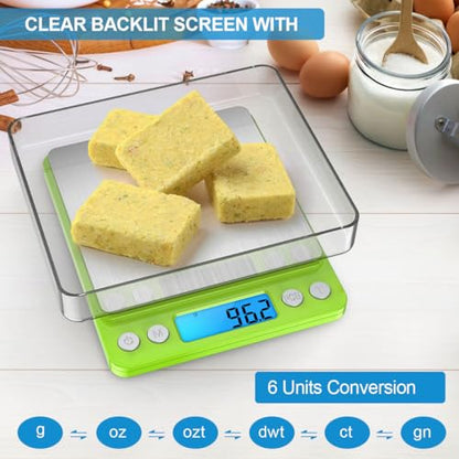 Digital Scale, 3000g, 0.01 Ounces, 0.1 Grams Accuracy Mini Kitchen Food Scale with 2 Trays, Pocket Scale for Jewelry, Coffee, LCD Display, Tare Function, Stainless Steel - color: Green