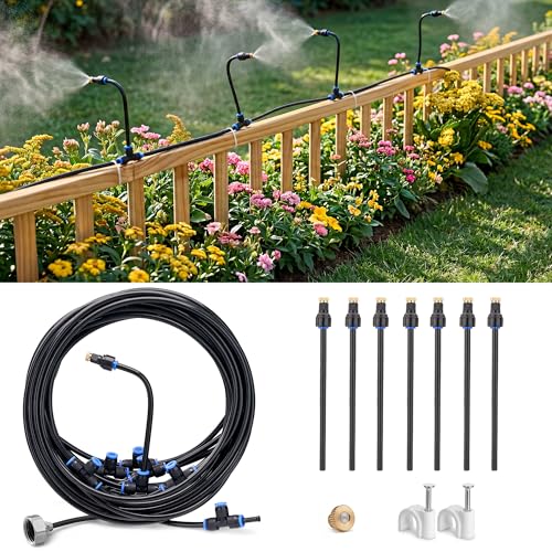Adjustable Misting System, 360° Flexible Brass Nozzles, 32FT | Pre-assembled Mister Hose for Patio Cooling, Garden Irrigation, Greenhouse Watering, Pet Chicken Coop Cooling - size: 32FT / 10M