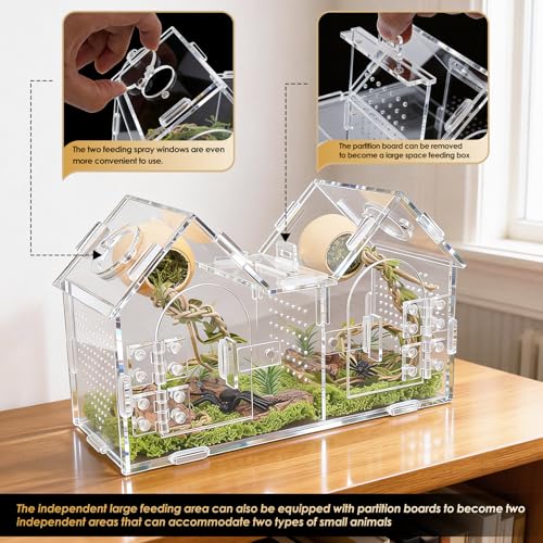 Jumping Spider Enclosure, Acrylic Terrarium with Partition Divider (1-2 Compartments), Dual Magnetic Doors & All-Side Ventilation, Jumping Spiders, Tarantulas, Mantis, GeckosHabitat, 9.6x4.2x5.8