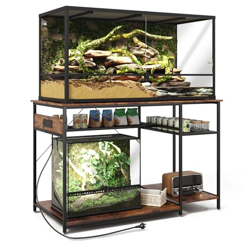 Reptile Tank Stand with Power Outlets，48" X 24" Tabletop Fits up to 120 Gallon Bearded Dragon Enclosure Stand，Double Snake Terrarium Table with Light - color: Rustic Brown