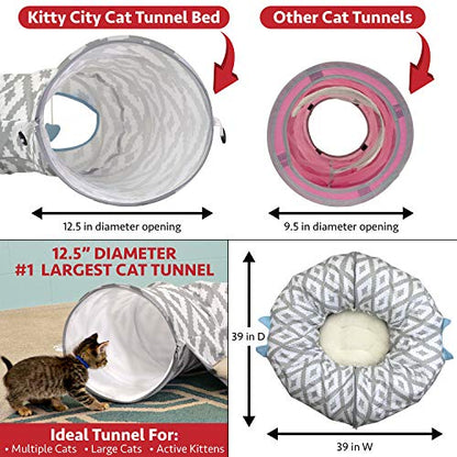 Kitty City Large Cat Tunnel Bed, 2-in-1 Zip-Together Cat Play Tunnel & Plush Nap Bed, Pop-Up Indoor Cat Toy with Hanging Toys, Collapsible Design - White - color: White