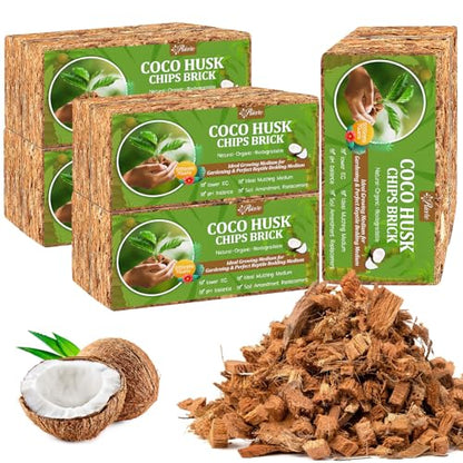 Riare 10 Pack Organic Coco Coir Chips for Plants, 11 lb Coconut Husk Bricks | Low EC & pH-Balanced Coco Husk Substrate with Drainage & Aeration, High-Expansion Mulch for Landscaping, Orchids & Soil Mix - size: 10 Pack