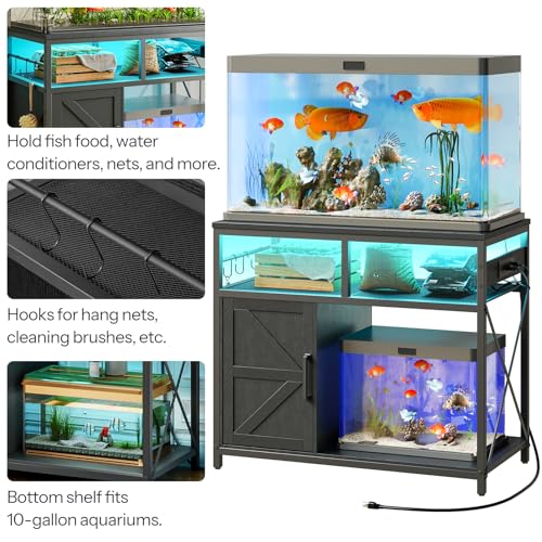 HOOBRO 40-50 Gallon Fish Tank Stand with Power Outlet and LED Light, Metal Frame Aquarium Stand with Cabinet Storage, for Reptile Turtle Tank, 440 LBS Capacity, 36.6'' L x 18.9'' W, Black BB93UDFT01