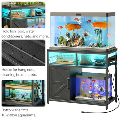 HOOBRO 40-50 Gallon Fish Tank Stand with Power Outlet and LED Light, Metal Frame Aquarium Stand with Cabinet Storage, for Reptile Turtle Tank, 440 LBS Capacity, 36.6'' L x 18.9'' W, Black BB93UDFT01