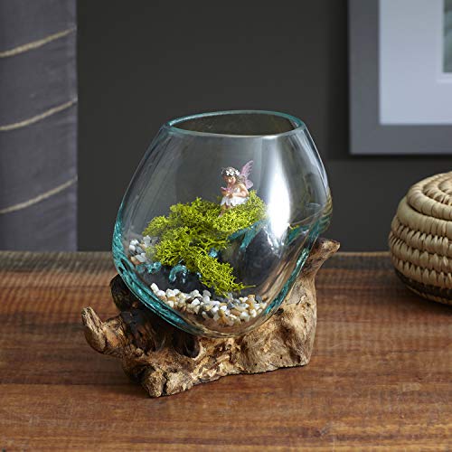 Molten Glass | #650-15A | Molten Glass & Wood Sculpture | Terrarium | Fairy Garden | Approximately 6" Wide | Natural Wood and Recycled Glass | - size: Approximately 6" Wide