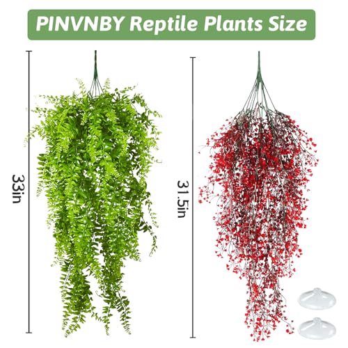 PINVNBY 2 Pack Reptile Plants Terrarium Hanging Fake Vines with Suction Cup Artificial Leaves for Bearded Dragons Lizards Geckos Snake Hermit Crab (Red and Green) - color: 2 Pcs ( Red and Green )